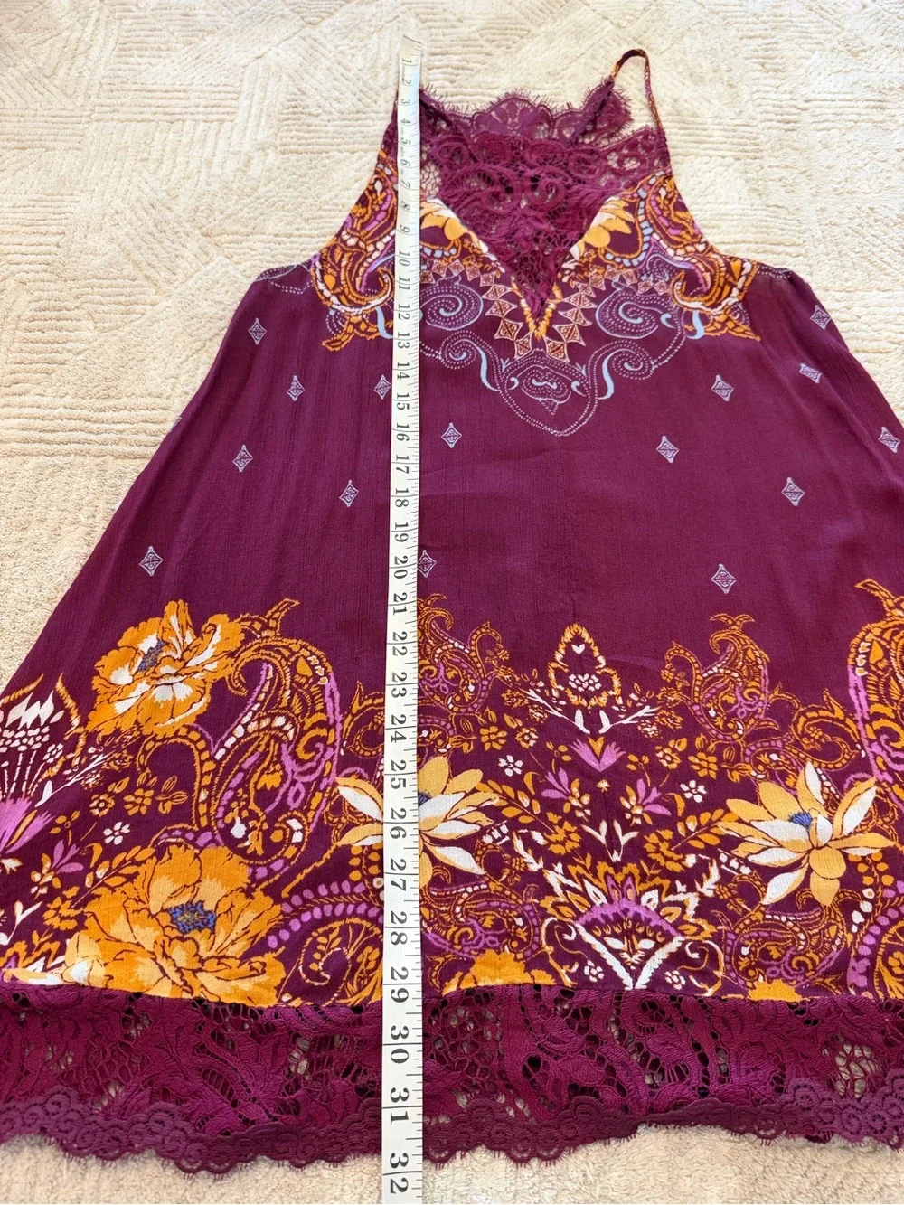 Free People Intimately Boho Lace Halter Slip Dress Burgundy Paisley XS